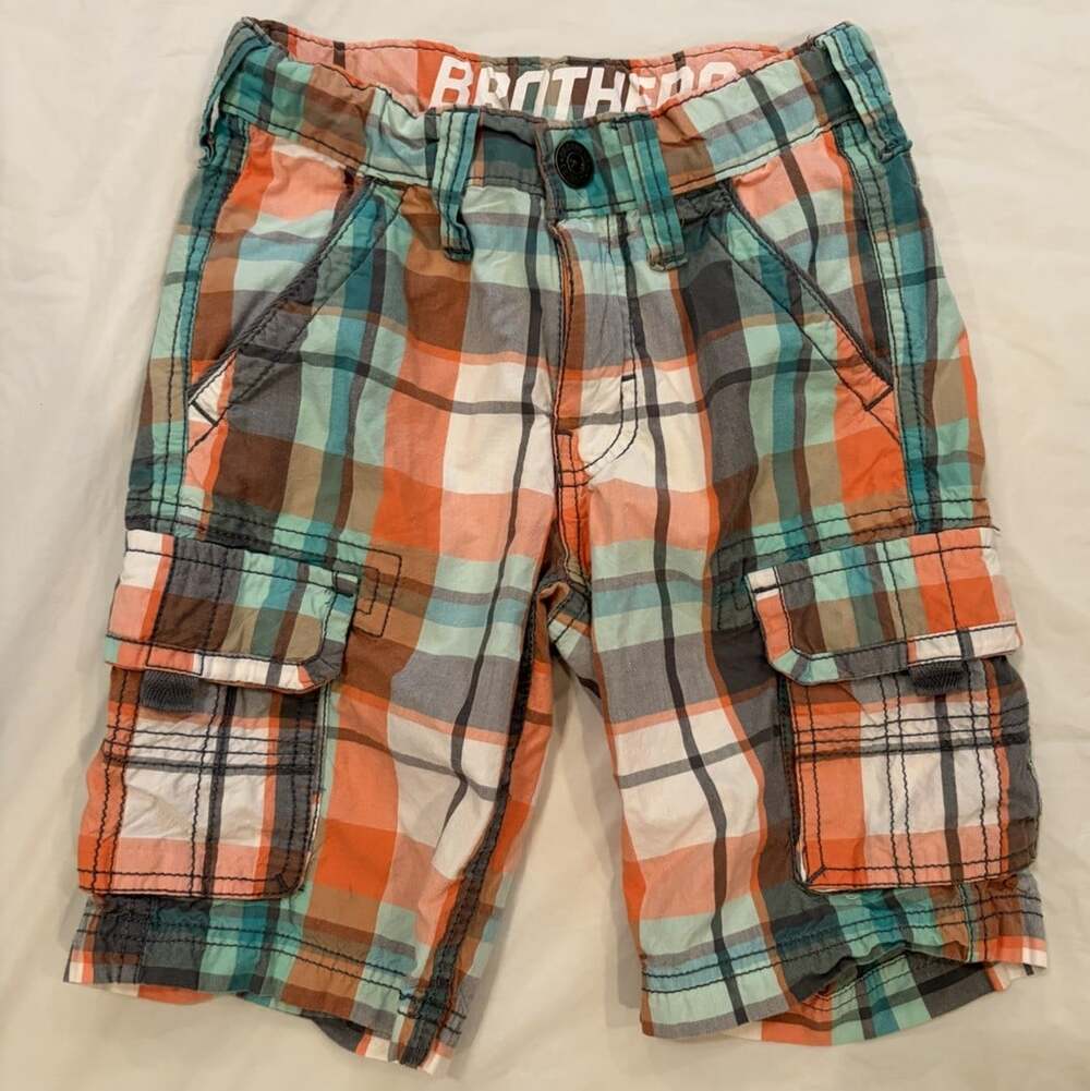 Brothers Plaid Shorts Boys Size 6 Green/Orange/Grey Cargo